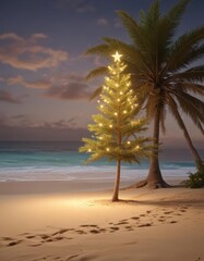 Obraz premium Lone Christmas tree, twinkling lights, tropical beach sand, december, solitude, paradise