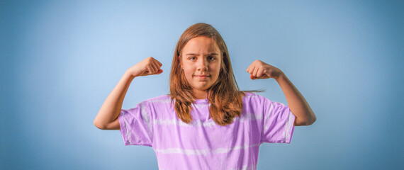 Banner physical health of teenager. Girl 10-12 on blue background