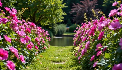 Fototapeta premium A bright garden path lined with blooming flowers leading to a serene pond.
