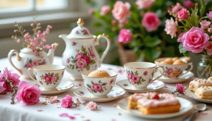 Fototapeta premium A whimsical tea party setup with floral teacups and delicate pastries.