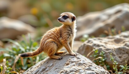 Fototapeta premium A tiny meerkat pup standing on a rock, curiously surveying its surroundings.