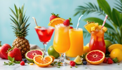 A tropical cocktail arrangement featuring fresh fruits and colorful garnishes.