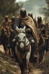 Fototapeta premium Knights in armor ride on horseback during a crusade through a dense forest landscape