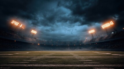 Night Football Field with Cloudy Sky, stadium lights , football field , american football , sports.