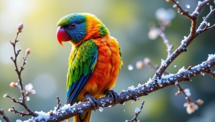 Fototapeta premium A vibrant parrot with glittering feathers perched on a sparkling tree branch.