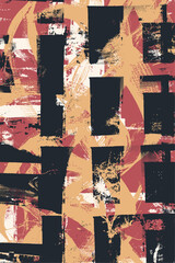 Abstract vector background. Grunge collage design with rough brush strokes, geometric shapes, distressed textures, and halftone dot effect. Red, orange, black.