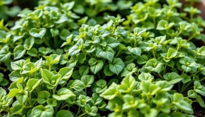 Obraz premium A layered composition of herbs growing in a kitchen garden with vibrant green leaves.