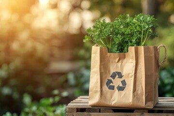Recycled paper bag filled with fresh parsley outdoors.