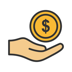 Coin on hand icon in a solid line style. A modern and minimalist financial icon. 