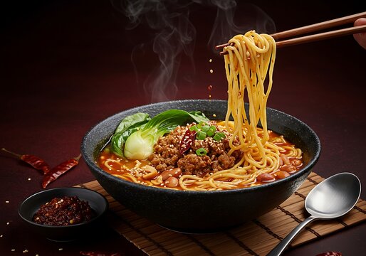 Steaming bowl of dan dan noodles with minced meat, pak choi and chili flakes
