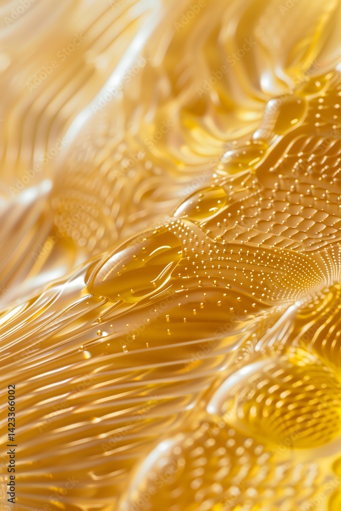Poster intricate golden surface texture with flowing lines and droplet-like protrusions, creating a mesmeri