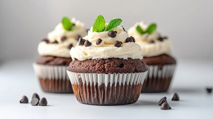 Three moist chocolate cupcakes topped with creamy vanilla frosting and chocolate chips, garnished with fresh mint leaves
