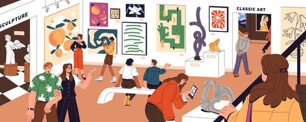 Visitors of modern art gallery are looking at artworks exhibition. People walk in exposition with excursion. Contemporary art museum with paintings, exhibits panorama. Flat vector illustration © Paper Trident