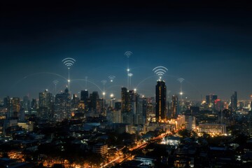 Obraz premium Cityscape of digital infrastructure: A night view of a city with an overlay of wireless communication networks, illustrating the smart city concept and modern digital infrastructure.