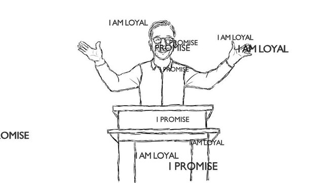 Animated Hand Drawn Candidate Promising Loyalty with Text Emanating Stop Motion on White Background