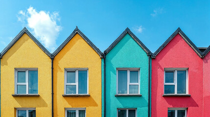 A captivating image of three cozy, colorful homes in vibrant shades of yellow, turquoise, and pink, beautifully complemented by a bright blue sky and sunlight.