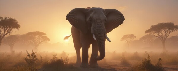 Majestic elephant emerges from savannah mist, sunrise , fog, wildlife, safari