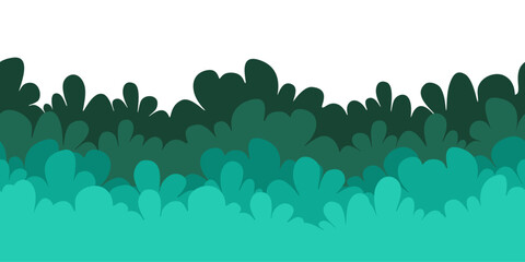 Decorative seamless border with spring green bush. Vector illustration with bright lush green. Whimsical scene for spring-themed textile prints