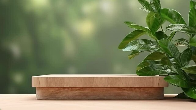 Wood podium footage with green plant beside, wooden platform on table against blurred natural background for eco product display loop