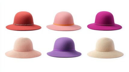 Collection of Unique Bohemian Hats in Vibrant Colors with Textures Arranged on White Background