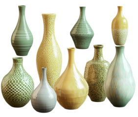 A yellow and green textured ceramic vase, multiple differently shaped vases, various sizes of glass vases, transparent background, PNG