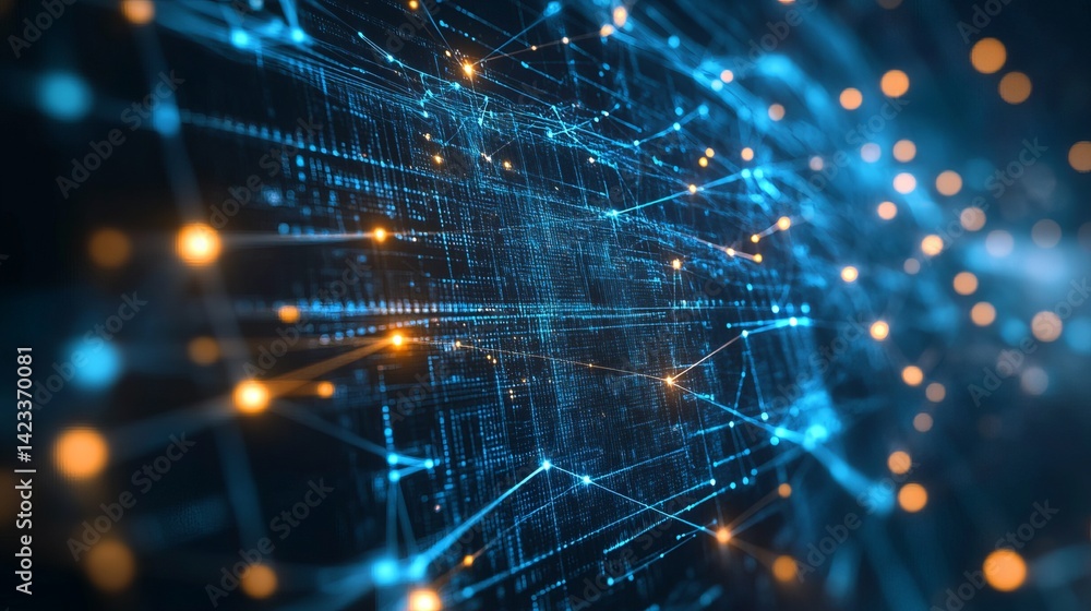 Aufkleber abstract digital network technology background blue orange glow web data lines cyber space style