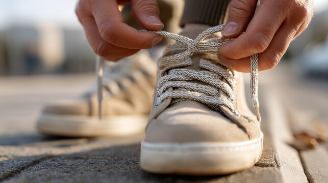 Tying the Knot: An intimate close-up reveals the precise hands of a person tying the laces of a fashionable sneaker, embodying the essence of preparation and personal style.