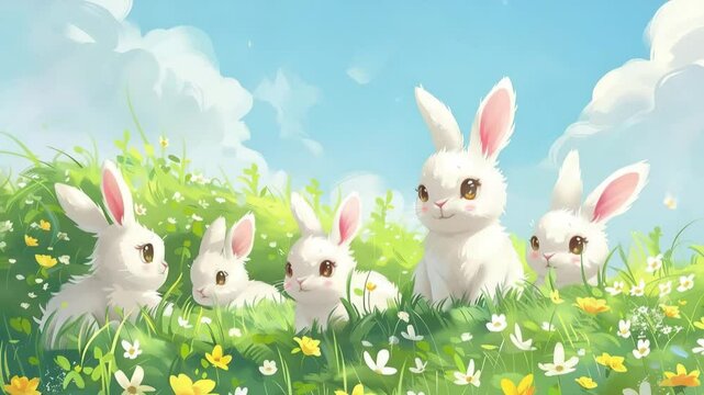 Group of adorable white rabbits enjoy a sunny day in a vibrant meadow filled with flowers