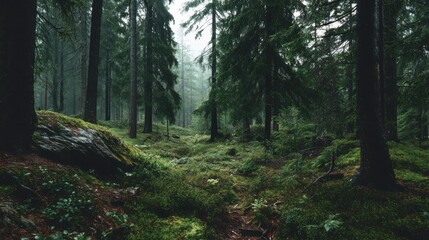 Outside nature exploration in a dark green forest landscape.