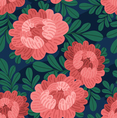 Vector botanical pattern with red peonies. Flat design flower composition with leaves. Elegant floral clipart for print or digital use. Seamless Illustration for wedding cards, and floral branding
