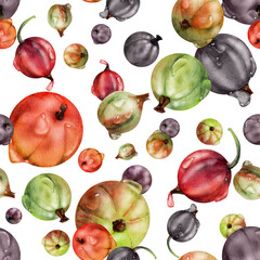 Currant gooseberry in water dew drops, garden berry huckleberry juneberry casseille jostaberry, watercolor hand drawn. Isolated seamless pattern tile. Background wallpaper, packaging cover design