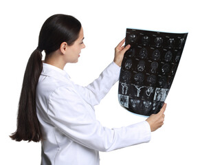 Doctor examining MRI scan on white background