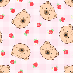 Kawaii bear Seamless pattern with gingham bg. Cute pastel vector design for baby textiles, wrapping paper, and children clothing