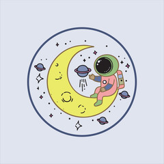 Cute Astronaut Sitting on Moon with Planets and Clouds – Cartoon Space Illustration