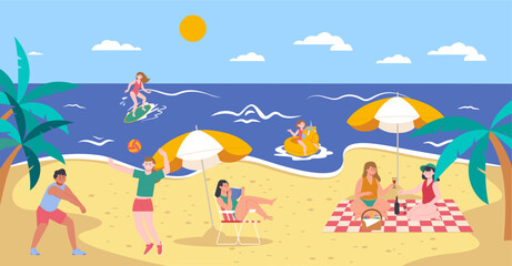 People beach vacations. Young adults rest on beachside near ocean or sea. Friends play volleyball, eating on picnic. Girl read book, surfing, splendid vector scene
