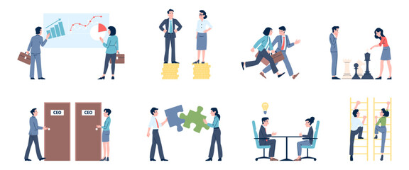 Gender business equality. Equal right male and female at work and in career opportunities. Men women managers working, financial equality recent vector scenes