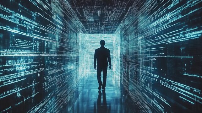 Man walking through futuristic digital data corridor tunnel web blue code flow path cyber space
