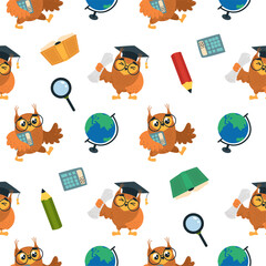 Smart cartoon owls seamless pattern. School owl character, wild birds teachers and students. Funny print for fabric, wallpaper, classy vector background