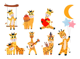 Cartoon giraffes characters. Isolated giraffe in different poses. Animals on swing, with balloons, in tribal style. Mother with baby, funny vector set