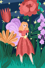 Blonde fairy with lilac wings in moonlit flower field. Fantasy character among large colorful blooms. Fairytale vector with dreamy nighttime setting. Great for magical garden themes and nature decor