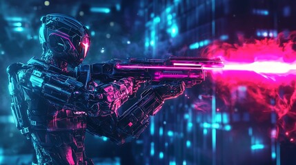 A cybernetic soldier holding a railgun with pulsating neon energy