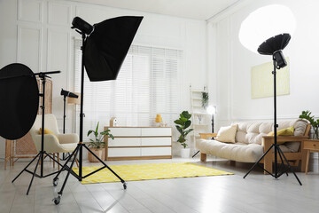 Real estate shooting. Professional photo studio equipment in living room