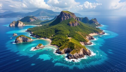A vivid island landscape featuring unique coastal formations and lush habitat.