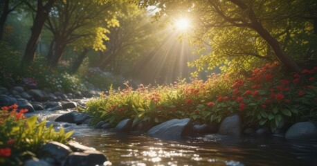 Fototapeta premium Sunlight dappling through leaves onto vibrant blooms by flowing water, forest, river
