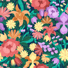 Decorative seamless pattern with spring garden flowers. Vector bunch with bright blossoms and leafy lush greens. Whimsical wildflower scene with textured petals. For spring-themed textile prints