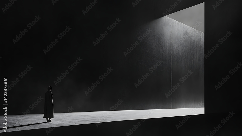 Poster exploring an abstract space with a figure standing before a massive illuminated doorway during a sta