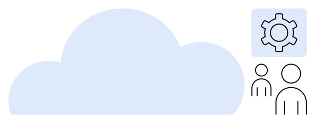 Large cloud shape with a gear and two human figures representing collaboration, teamwork, cloud computing, data, infrastructure, innovation, and technology. Ideal for IT, apps systems simple