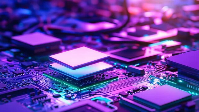 A stack of three square chips on top of an intricate circuit board, AI processor on a motherboard, layered micro chip technology, futuristic computing concept