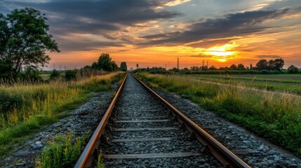 Obraz premium Railway tracks leading into sunset, vibrant sky, lush green fields.