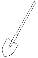Garden shovel. Sketch. Vector illustration. Tool with a long handle for digging the ground. Outline on an isolated white background. Doodle style. Coloring book for children. Idea for web design.